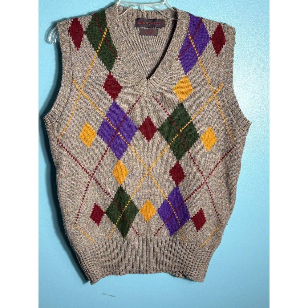 Vintage John Weitz Argyle Sweater Vest Men L Wool Blend Made in USA Grandpacore
